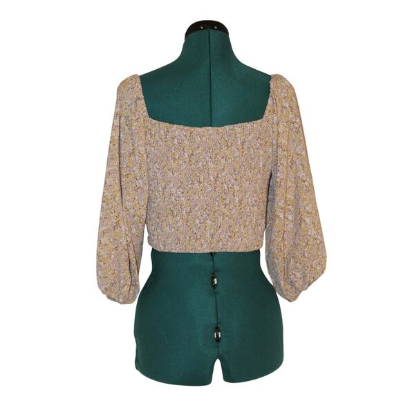 Revolve ASTR the Label Floral Puff Sleeve Crop Top Smocked Back S Taupe Multi - Picture 4 of 7